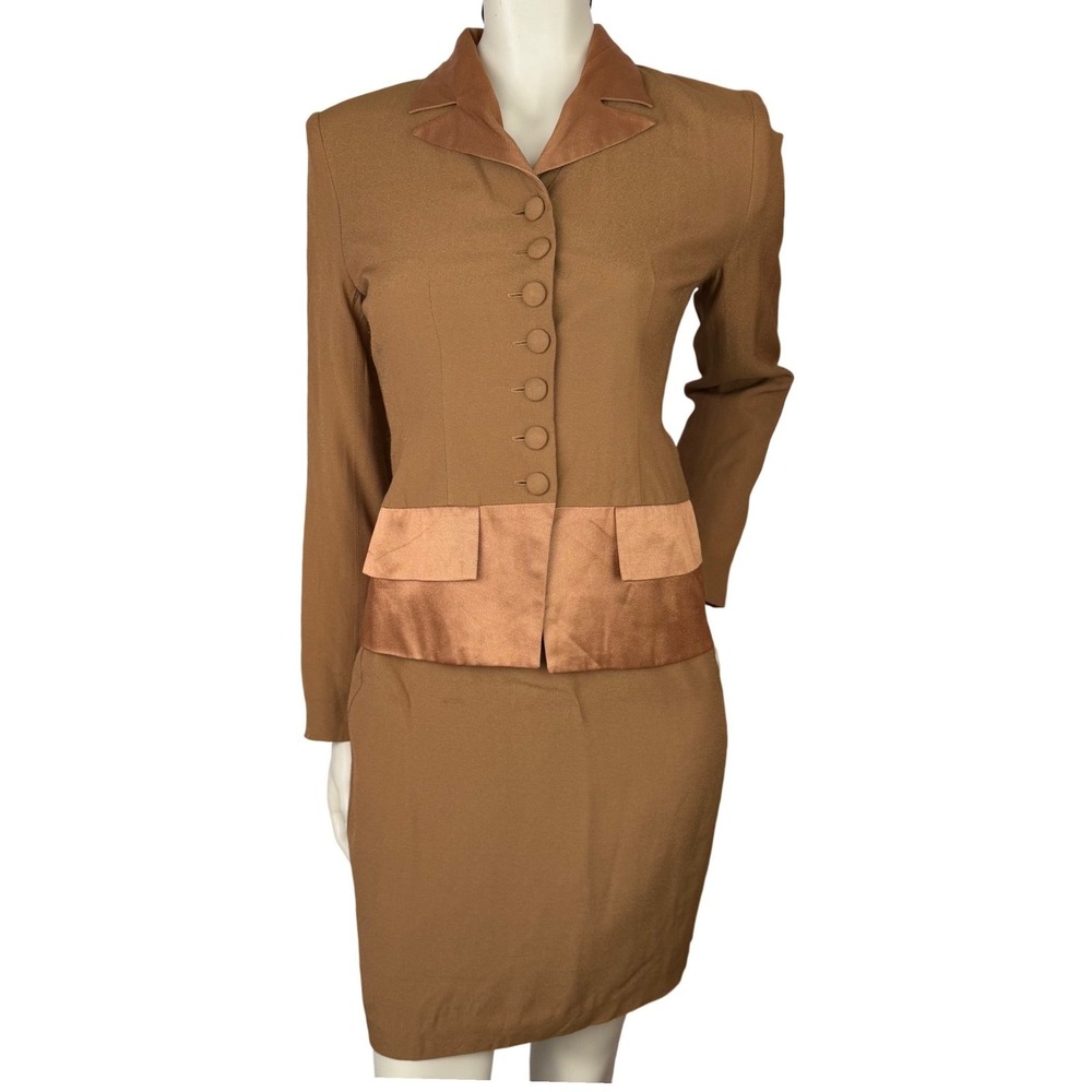Vintage Hugo Buscati Skirt Suit 90s Power Suit Corporate Core Camel Bronze Sz 6